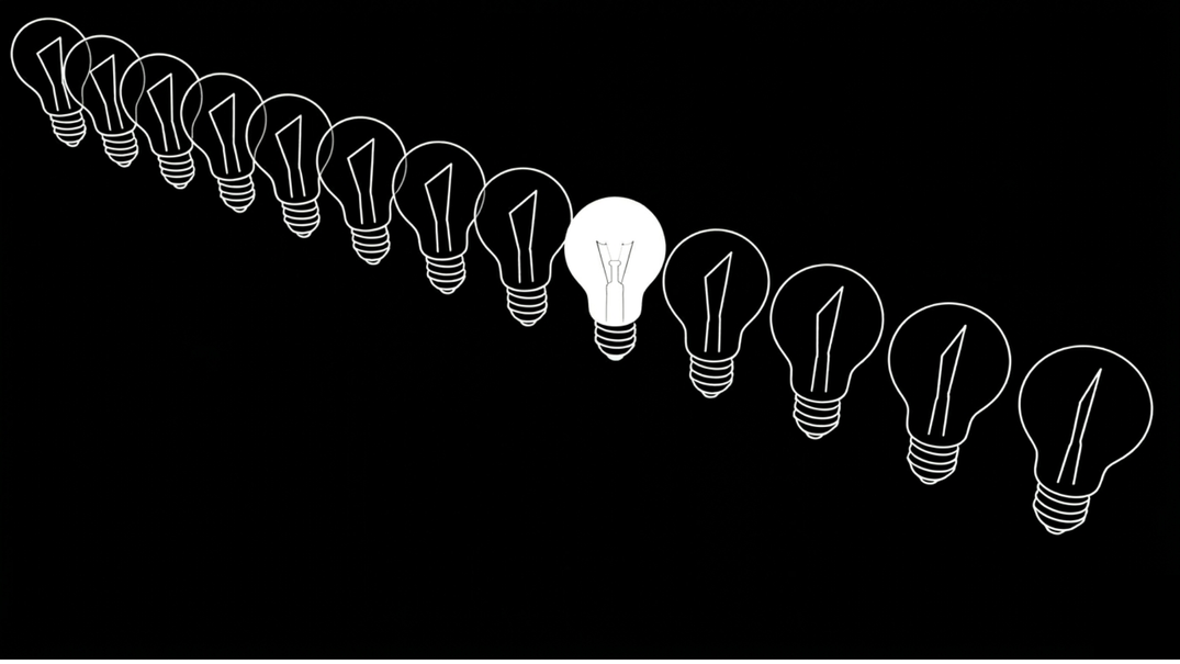 A row of lightbulbs, only one is on